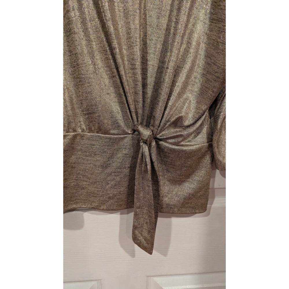 Clara Sunwoo Top M Gold Metallic Boat Neck 3/4 Sleeve Tie Front Shimmer Party - Picture 3 of 7